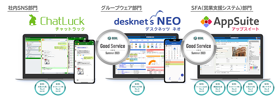 ネオジャパンが提供するグループウェア『desknet's NEO』・ビジネスチャット『ChatLuck』・ノーコードアプリ作成ツール『AppSuite』が「BOXIL SaaS AWARD Summer 2023」にてそれぞれ受賞